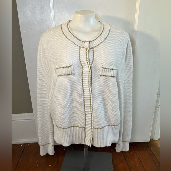 Adrianna Papell Metallic Stripe Waffle Knit Crop Cardigan Ivory Gold Size L - Picture 3 of 13